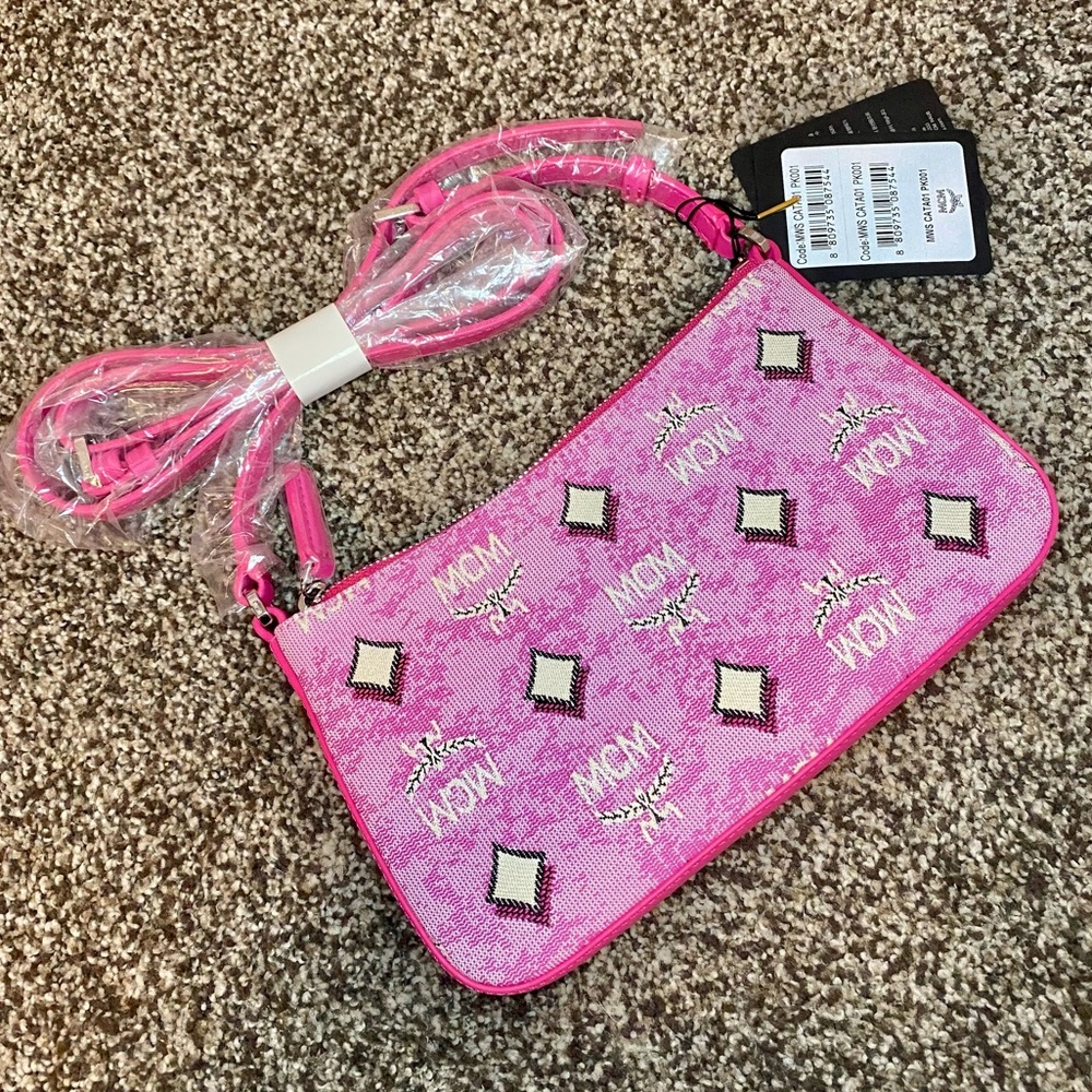 NEW!! MCM Pink Vintage Monogram Jacquard Aren Mini Shoulder Bag - Picture 7 of 14